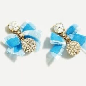 J. CREW PAVÉ Blue White Bow Rhinestone‎ Liberty Fabric Drop Earrings New